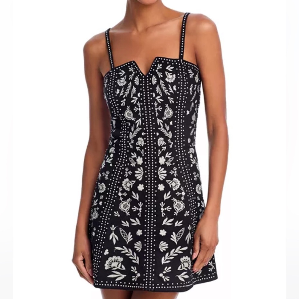 Aqua by Bloomingdales Black Floral Embroidered Studded Mini Dress - Size XS